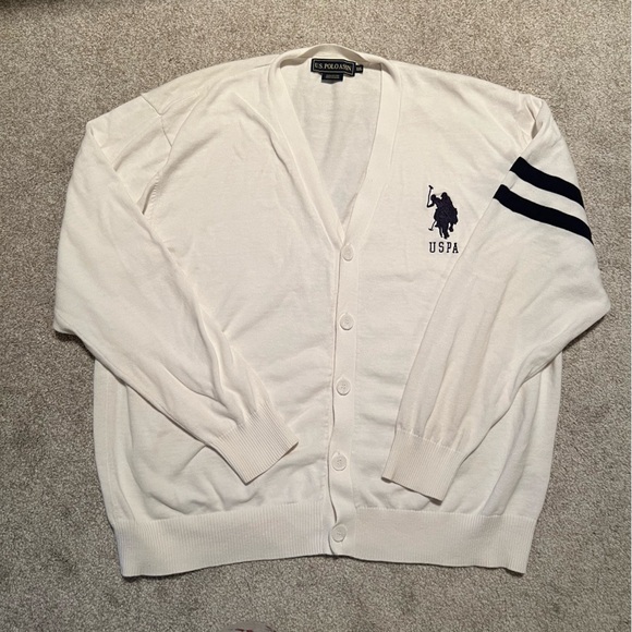 U.S. POLO ASSN White cardigan sweater 100% cotton with two navy blue stripes XXL - Picture 5 of 8